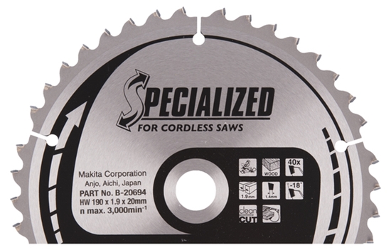 Изображение Griešanas disks kokam Makita; 190x1,9x20,0 mm; Z40; -18°