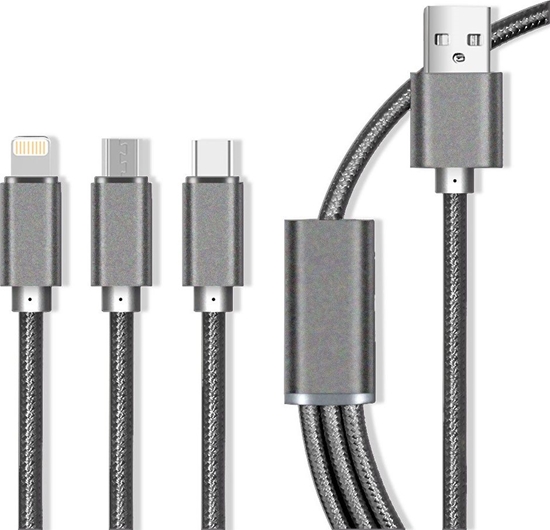 Picture of Kabel USB Maxlife USB-A - USB-C + microUSB + Lightning 1 m Szary (OEM001651)