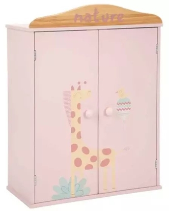 Attēls no Malys Group Arias drewniana szafa na ubrania dla lalek z wieszakami róowa z zwierztami dla dzieci