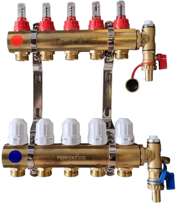 Picture of PHA-107/1/S Rozdzielacz mosiny 5-obwodowy PN6  z rotametrami, zaworami regualcyjnymi i nyplami, do ogrzewania paszczyznowego