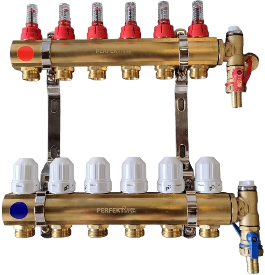 Picture of PHA-107/1/S Rozdzielacz mosiny 6-obwodowy PN6  z rotametrami, zaworami regualcyjnymi i nyplami, do ogrzewania paszczyznowego