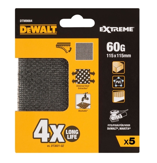 Изображение Slīpēšanas siets DeWalt DTM8664-QZ; 115x115 mm; K60; 5 gab.