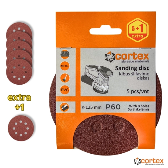Изображение Smilšpapīrs Cortex 18149; 125 mm; P60; 5 gab.
