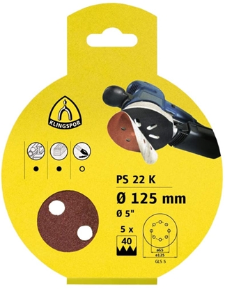 Attēls no Smilšpapīrs ekscentra slīpmašīnai Klingspor; PS 22 K; GLS 5; 125 mm; K40/80/120; 5 gab.