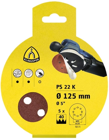 Изображение Smilšpapīrs ekscentra slīpmašīnai Klingspor; PS 22 K; GLS 5; 125 mm; K40/80/120; 5 gab.