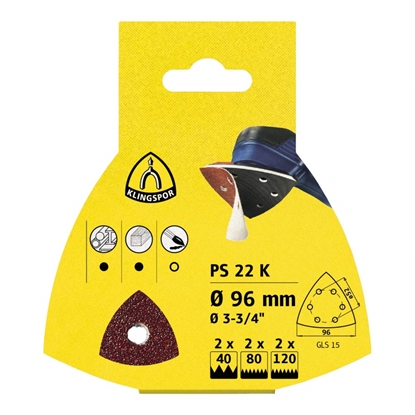 Picture of Smilšpapīru komplekts deltveida slīpmašīnām Klingspor; PS 22 K; GLS 15; 96 mm; K40/80/120; 6 gab.