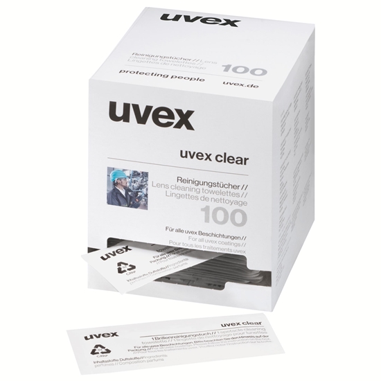 Picture of Uvex lens cleaning towelettes – 100 individually wrapped, silicone-free formula, pre-moistened for safety eyewear