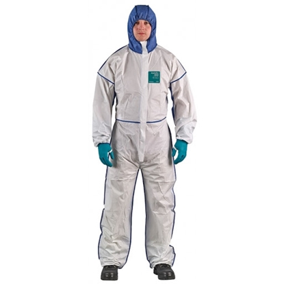 Attēls no Ansell AlphaTec 1800 Comfort Model 195 disposable protective coverall – Type 5/6 certified, microporous laminate with SMS, bound seams, antistatic treatment, elasticated fit, white/blue, multiple sizes