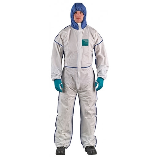 Picture of Ansell AlphaTec 1800 Comfort Model 195 disposable protective coverall – Type 5/6 certified, microporous laminate with SMS, bound seams, antistatic treatment, elasticated fit, white/blue, multiple sizes