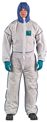 Attēls no Ansell AlphaTec 1800 Comfort bound disposable coverall – Type 5/6 protection, microporous laminate, antistatic, white/blue SMS hood, multiple sizes