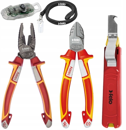 Picture of Zestaw 2 szczypiec VDE: kombinerki 180mm, obcinaczki boczne 160mm oraz noyk do zdejmowania izolacji