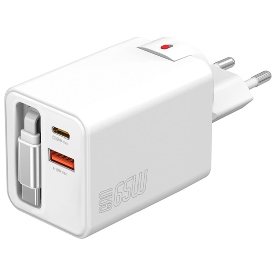 Picture of Ładowarka sieciowa Flex Jojo 65W GaN 2xUSB-C + USB-A Biała       rozwijany wbudowany kabel 
