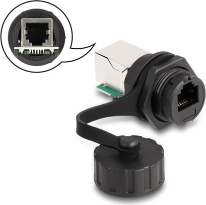 Picture of Delock Cable Connector RJ12 jack to RJ12 jack for installation with protective cap IP68 dust and waterproof black