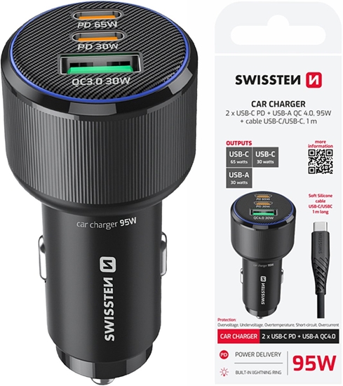 Picture of adowarka Swissten PD 2x USB-C / USB Car Charger 95W with USB-C - USB-C Cable 1m