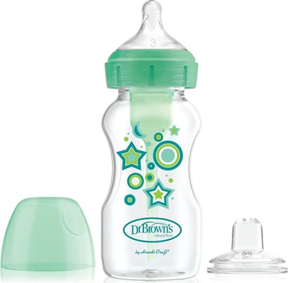 Изображение Dr Browns WB91606-ZESTAW ``OD BUTELKI DO SMOCZKA"Z IELONY/BUT.SZEROKA SZYJKA 270ML OPTIONS+DEKOR ZIELONY ,ZE SMOCZKIEM+6M I USTNIKEM NIEKAPKIEM/