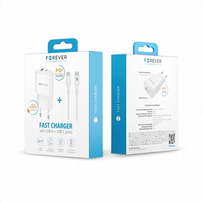 Attēls no adowarka Forever Forever adowarka sieciowa PD QC TC-01-20AC 1x USB-C 1x USB 20W biaa + kabel USB-C - USB-C 20W