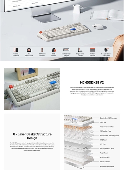 Picture of Klawiatura MCHOSE K99 V2 - US ukad - Icy Creamsicle - Retro Biay (Biaa) Belaid aidim Klaviatra