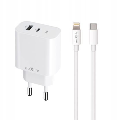 Изображение Maxlife adowarka sieciowa PD QC MXTC-06-20AC 1x USB-C 1x USB 20W biaa + kabel USB-C - Lightning 20W