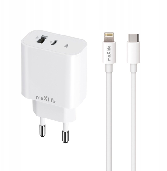 Picture of Maxlife adowarka sieciowa PD QC MXTC-06-20AC 1x USB-C 1x USB 20W biaa + kabel USB-C - Lightning 20W