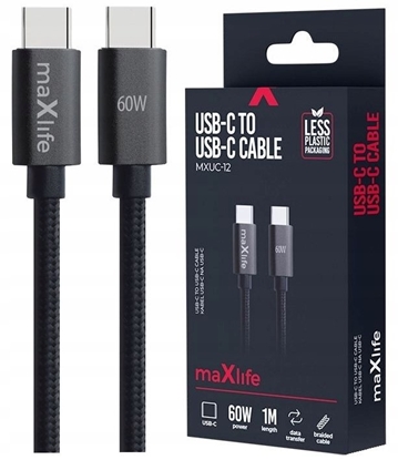 Изображение Maxlife kabel MXUC-12 USB-C - USB-C 1,0 m 60W czarny
