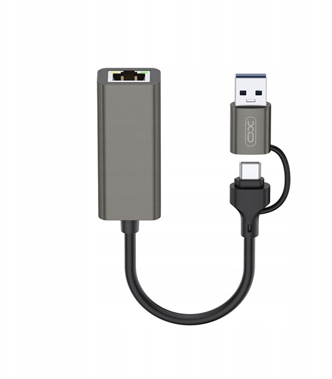 Изображение XO adapter HUB HUB018 2w1 USB-USB-C - RJ45 szary