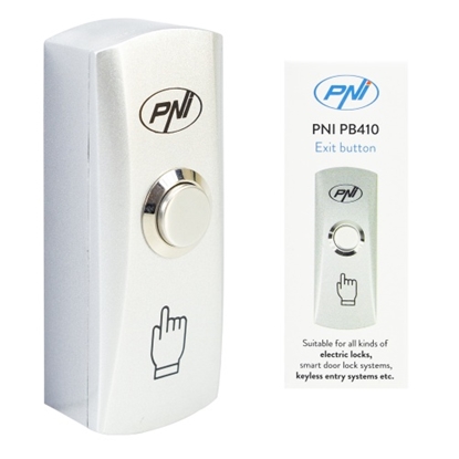 Attēls no  PB410 piekļuves poga, NO/COM izejas kontakts, maks. 12V/24V 0.5A, cinka sakausējums