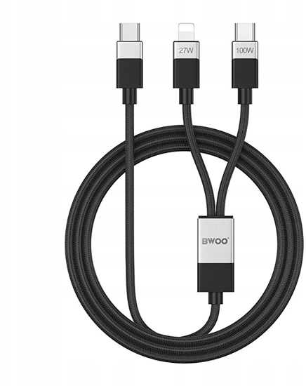 Изображение BWOO kabel Pleciony 2w1 USB-C - USB-C i Lightning 1m 100W/27W czarny