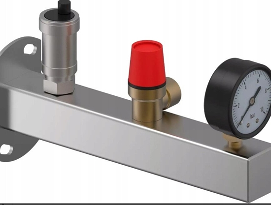 Изображение Grupa bezpieczestwa 6 bar INOX z manometrem, zaworem bezpieczestwa i automatycznym odpowietrznikiem C.W.U.