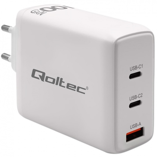 Picture of Qoltec GaN 100W charger| 5-20V | 1.5-5A | 2 x USB-C PD | 1x USB QC 3.0 | White