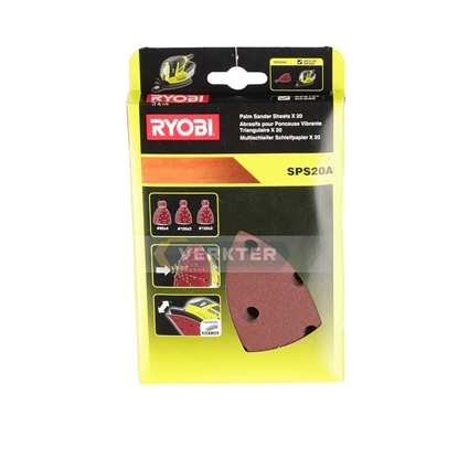 Изображение Smilšpapīrs + smilšpapīrs grūti aizsniedzamām vietām RYOBI SPS20A; K80, K100, K120; 20 gab.