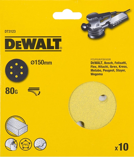 Изображение Smilšpapīrs ekscentra slīpmašīnai DeWalt DT3123-QZ; 150 mm; P80; 10 gab.