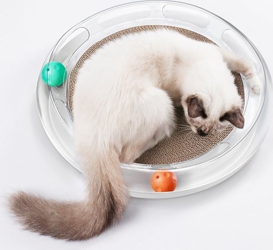Picture of Petkit PETKIT FUN, 4 in 1 Cat Scratcher, Made of ABS, inside the ball track there is Orange ( Bells inside) and Green balls( Catnip inside). 330 mm Round Rest and Play Zone.