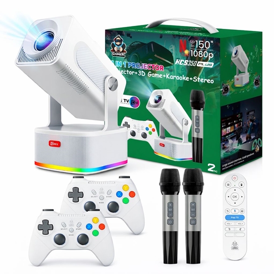 Picture of Riff HCS350 PLUS 4in1 viedais videoprojektors Android 11 Allwinner H713M ar iebūvētām spēlēm / x2 bezvadu konsolēm / x2 bezvadu mikrofoniem White