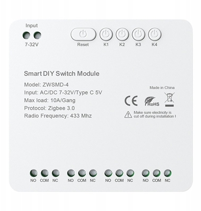 Изображение 4-kanaowy modu przecznika ZigBee ze stykiem beznapiciowym DC 32V Avatto ZWSMMD-4-32V