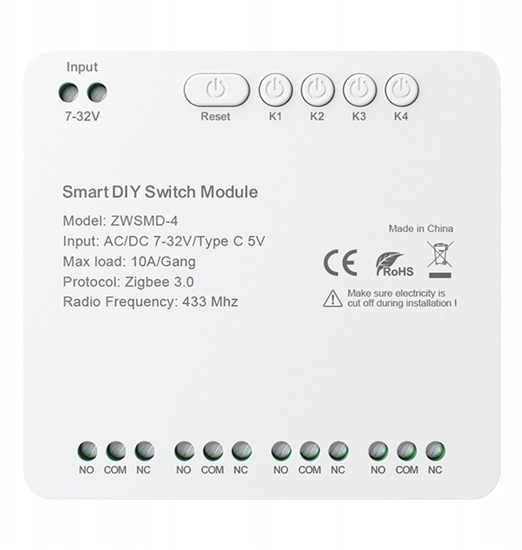 Изображение 4-kanaowy modu przecznika ZigBee ze stykiem beznapiciowym DC 32V Avatto ZWSMMD-4-32V