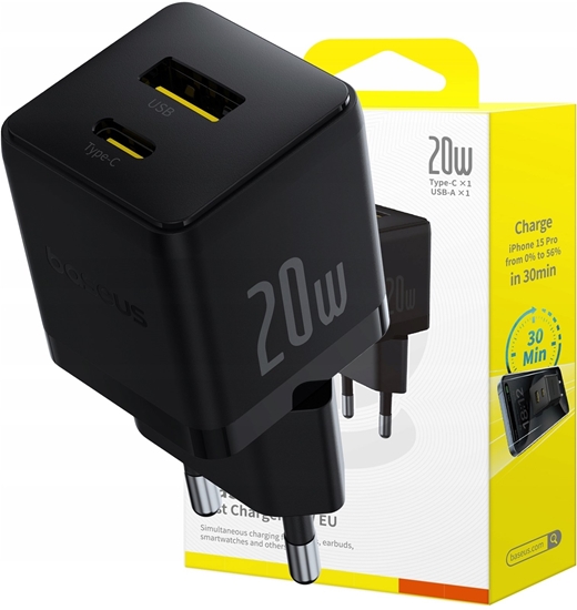 Picture of adowarka Baseus adowarka cienna szybka Palm 20W USB + USB-C QC3.0 PD3.0 z kablem USB-C 1 m czarny
