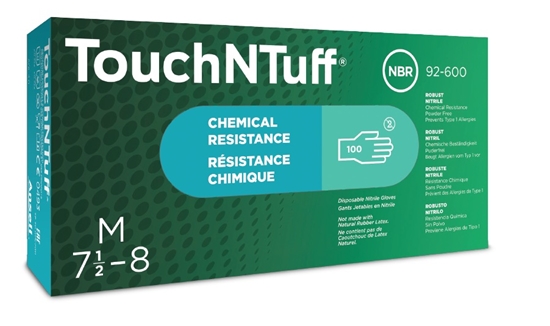 Picture of Ansell TouchNTuff 92-600 nitrile gloves – chemical splash resistant, 5 mil thickness, size L, green, powder-free, beaded cuff, EN 388 certified