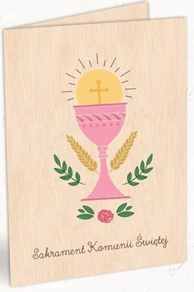 Attēls no Cozywood Karnet drewniany C6 Komunia kielich ró + koperta