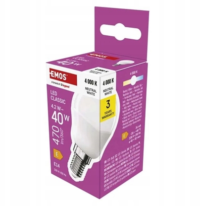 Изображение LED arwka EMOS Lighting E14, 230V, 4.2W, 470lm, 4000k, neutralna biel, 30000h, Mini Globe 45x45x82mm