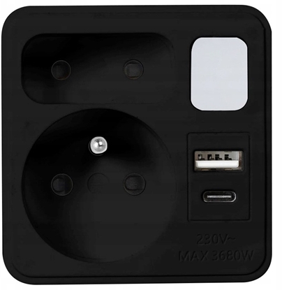 Изображение LTC Rozganik sieciowy z lampk nocn: 1 gniazdo okrge z uz.+ 1 gniazdo paskie + 1x USB + 1x USB-C 3A Czarny