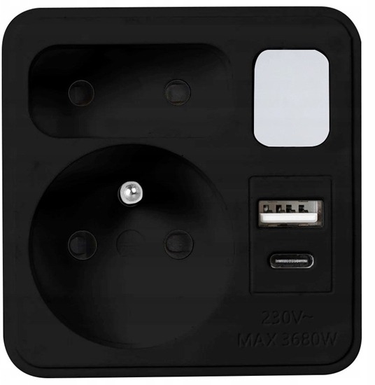 Picture of LTC Rozganik sieciowy z lampk nocn: 1 gniazdo okrge z uz.+ 1 gniazdo paskie + 1x USB + 1x USB-C 3A Czarny