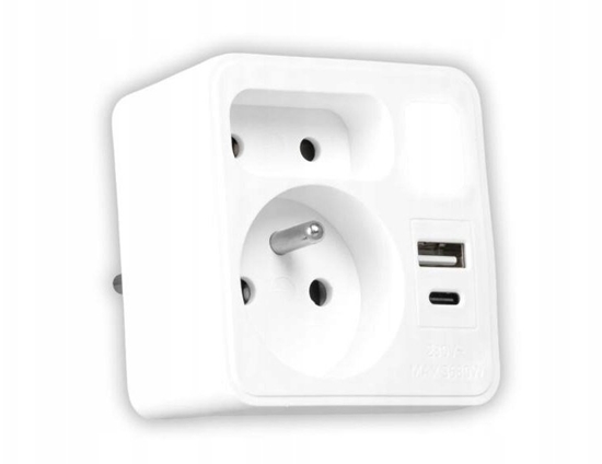 Изображение LTC Rozganik sieciowy z lampk nocn: 1 gniazdo okrge z uz.+ 1 gniazdo paskie + 1x USB + 1x USB-C, Biay 3A