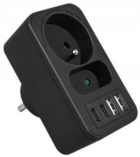 Picture of LTC Rozganik sieciowy: 1 gniazdo okrge z uz.+ 1 gniazdo paskie + 2x USB + 2x USB-C 3,1A czarny