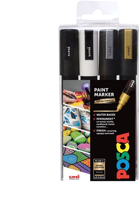Picture of UNIBALL POSCA PC-5M, Black, Gold, Silver, White, Multicolour, 4 colours, Medium, Water-based ink, Bullet tip