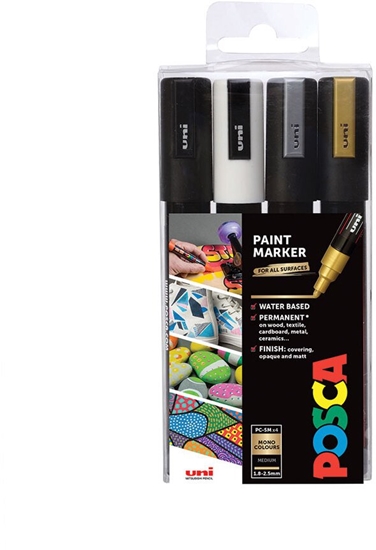 Picture of UNIBALL POSCA PC-5M, Black, Gold, Silver, White, Multicolour, 4 colours, Medium, Water-based ink, Bullet tip
