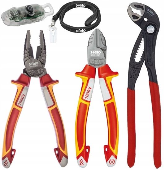 Изображение Zestaw 2 szczypiec VDE: kombinerki 180mm, obcinaczki boczne 160mm oraz szczypce do rur 250mm