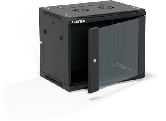 Picture of Szafa wiszca 19" 9U 600x450, drzwi szklane jednoskrzydowe, ty osona pena demontowalna, osony boczne pene demontowalne zamykane na klucz, 4 belki, kolor czarny, ALANTEC