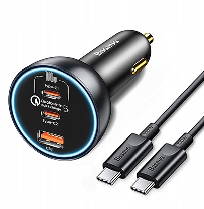 Attēls no adowarka Baseus adowarka samochodowa Baseus 160W z technologi Qualcomm® Quick Charge 5 2xUSB-C 1xUSB-A - szara