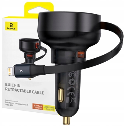 Attēls no adowarka Baseus adowarka samochodowa Baseus Enjoyment Pro 55W USB-A ze zwijanym kablem Lightning - czarna