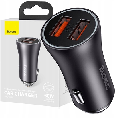 Attēls no adowarka Baseus adowarka samochodowa Baseus Golden Contactor Max 2xUSB-A 60W ciemnoszara